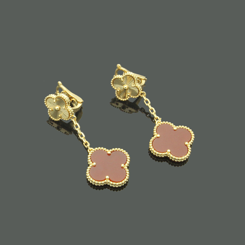 EMKOSUNG 18K Gold  Plated 2 Flowers Four Leaf Clover Earrings for Women