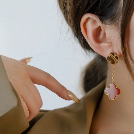 EMKOSUNG 18K Gold  Plated 2 Flowers Four Leaf Clover Earrings for Women