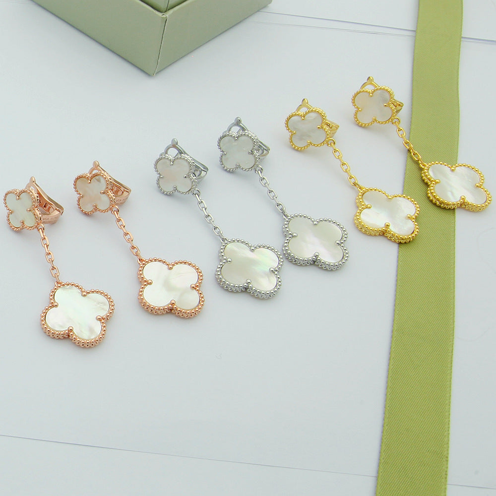 EMKOSUNG 18K Gold  Plated 2 Flowers Four Leaf Clover Earrings for Women