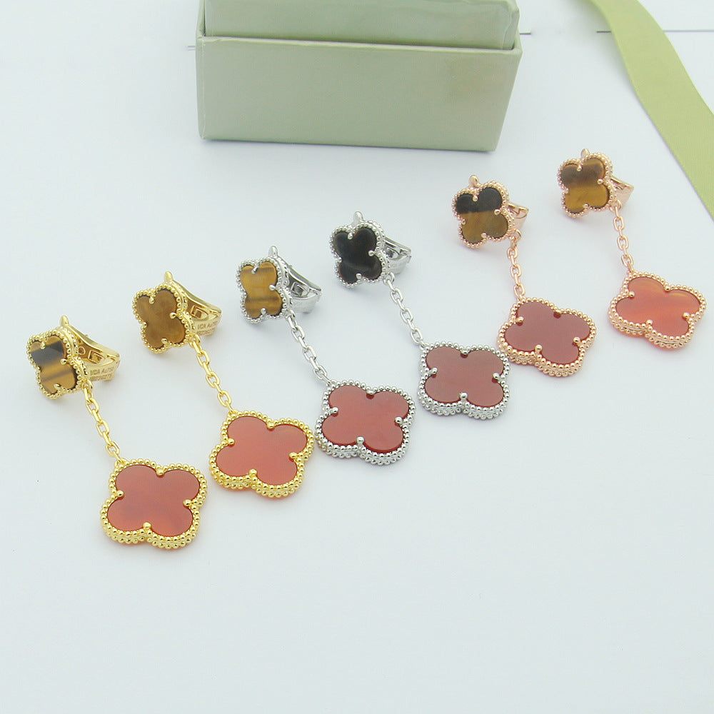 EMKOSUNG 18K Gold  Plated 2 Flowers Four Leaf Clover Earrings for Women