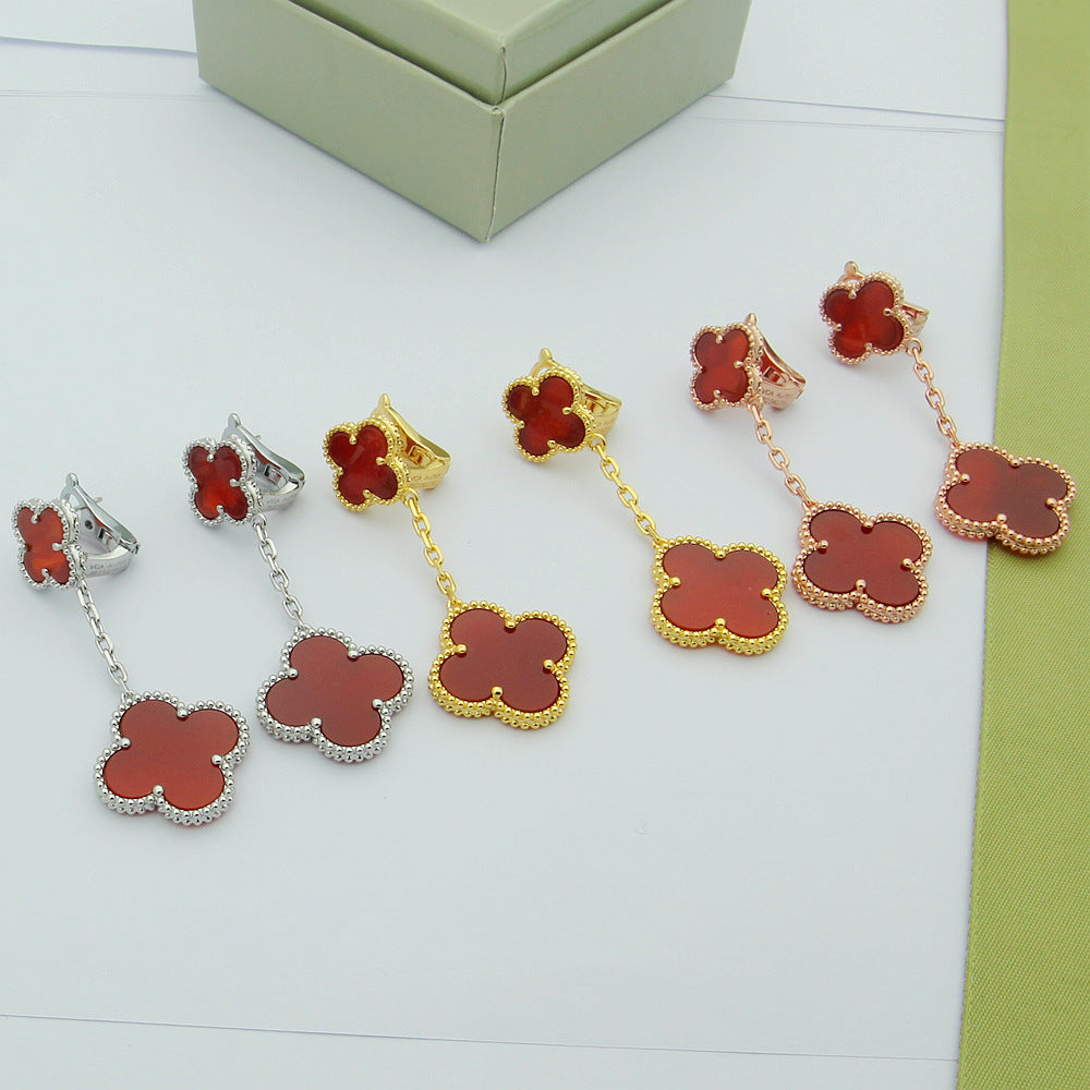 EMKOSUNG 18K Gold  Plated 2 Flowers Four Leaf Clover Earrings for Women