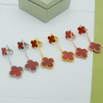 EMKOSUNG 18K Gold  Plated 2 Flowers Four Leaf Clover Earrings for Women