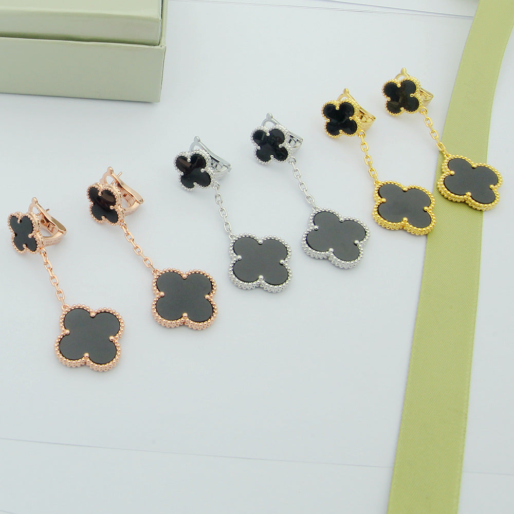 EMKOSUNG 18K Gold  Plated 2 Flowers Four Leaf Clover Earrings for Women