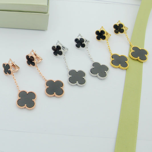 EMKOSUNG 18K Gold  Plated 2 Flowers Four Leaf Clover Earrings for Women