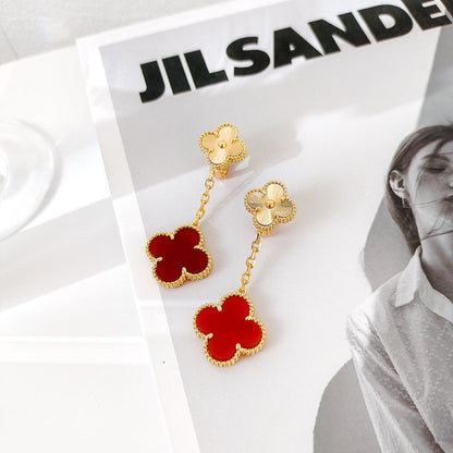 EMKOSUNG 18K Gold  Plated 2 Flowers Four Leaf Clover Earrings for Women