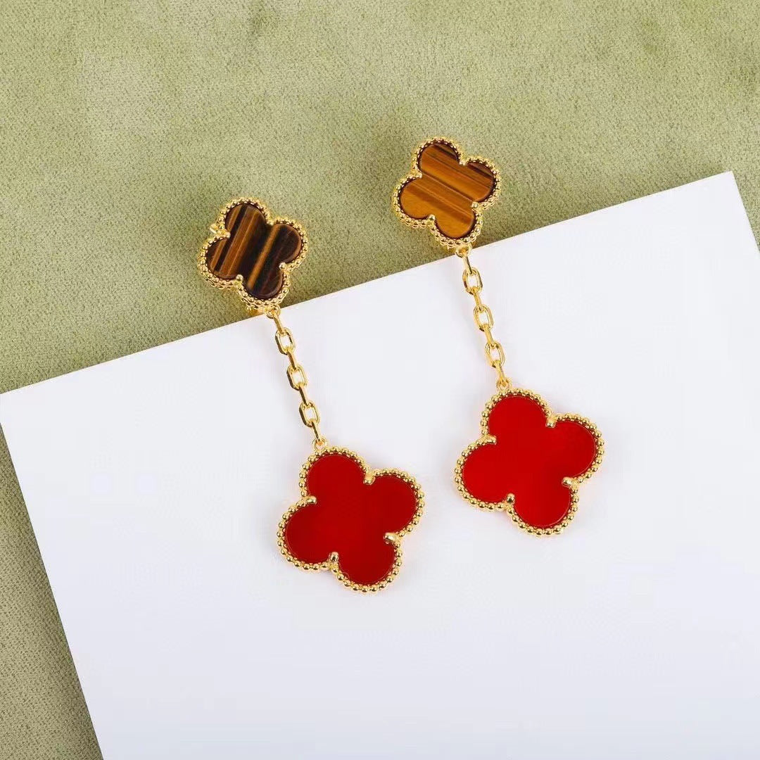 EMKOSUNG 18K Gold  Plated 2 Flowers Four Leaf Clover Earrings for Women