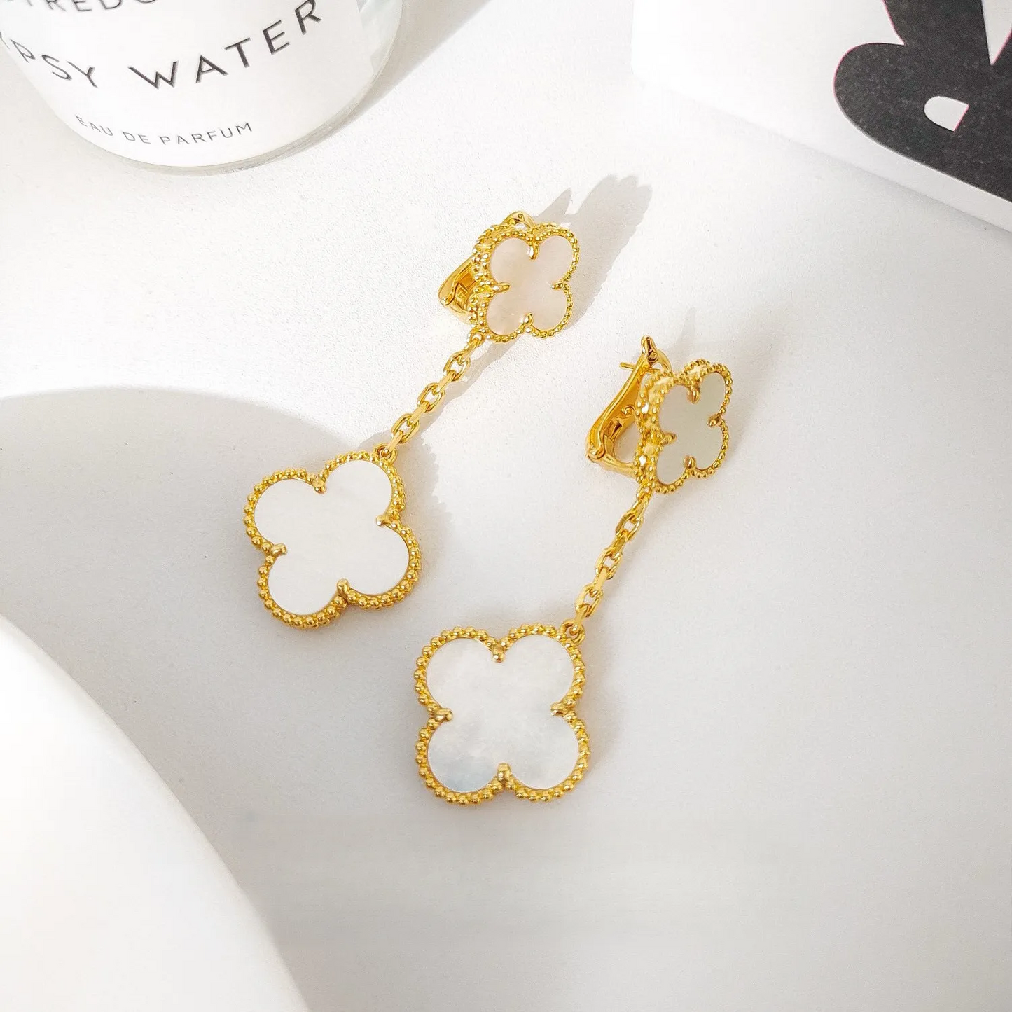 EMKOSUNG 18K Gold  Plated 2 Flowers Four Leaf Clover Earrings for Women