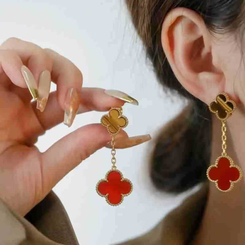 EMKOSUNG 18K Gold  Plated 2 Flowers Four Leaf Clover Earrings for Women