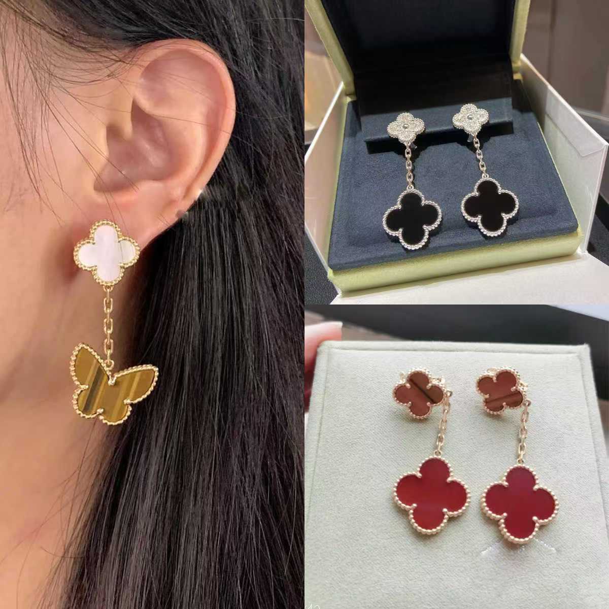 EMKOSUNG 18K Gold  Plated 2 Flowers Four Leaf Clover Earrings for Women