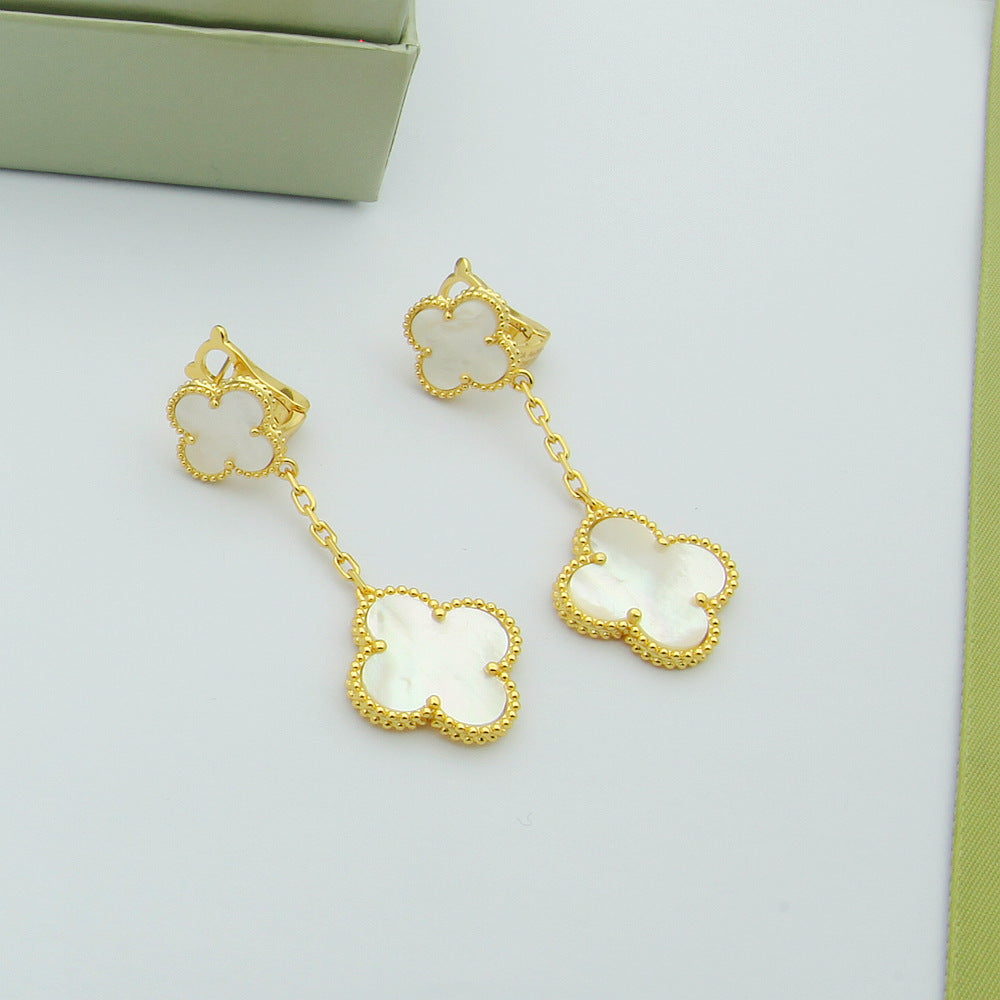 EMKOSUNG 18K Gold  Plated 2 Flowers Four Leaf Clover Earrings for Women
