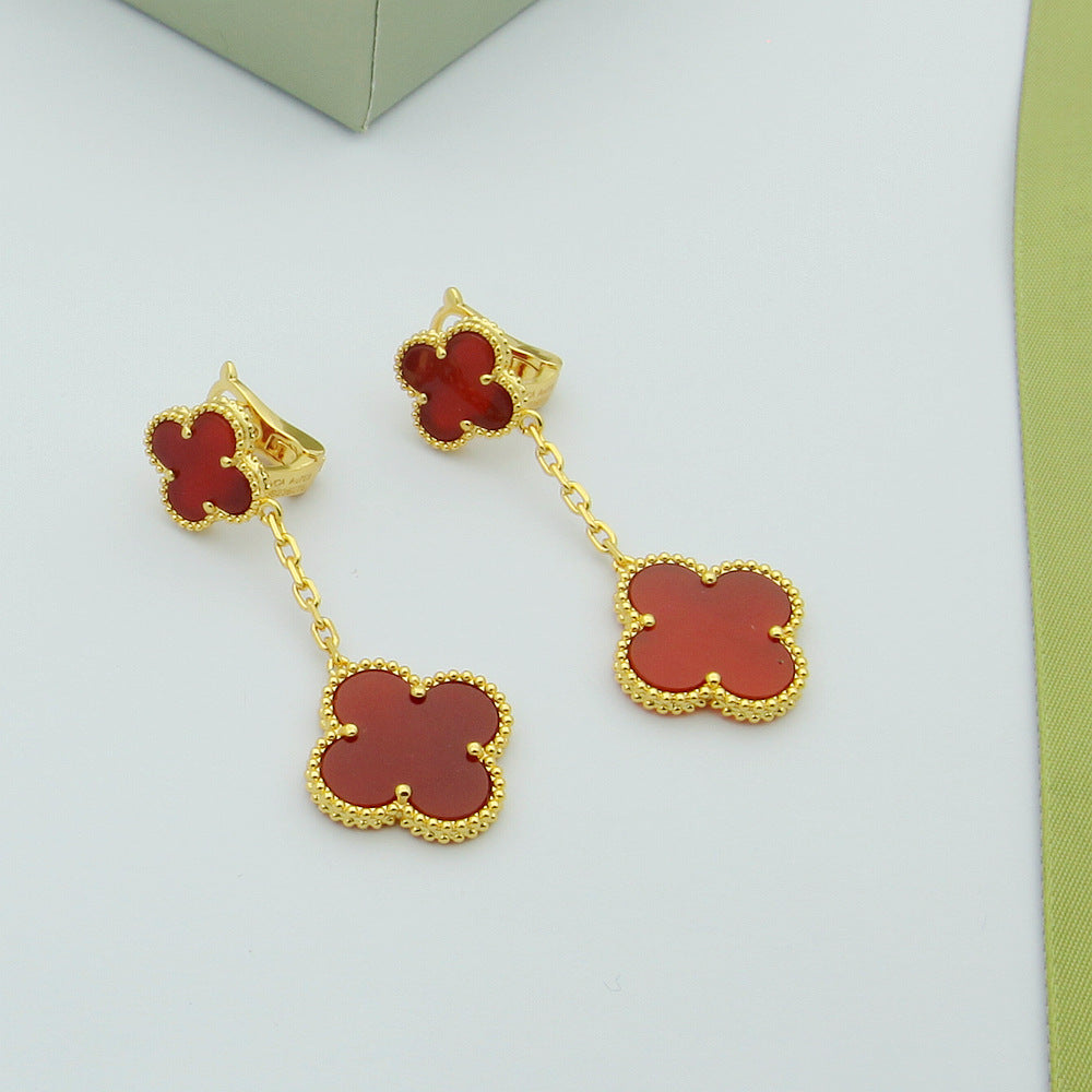 EMKOSUNG 18K Gold  Plated 2 Flowers Four Leaf Clover Earrings for Women