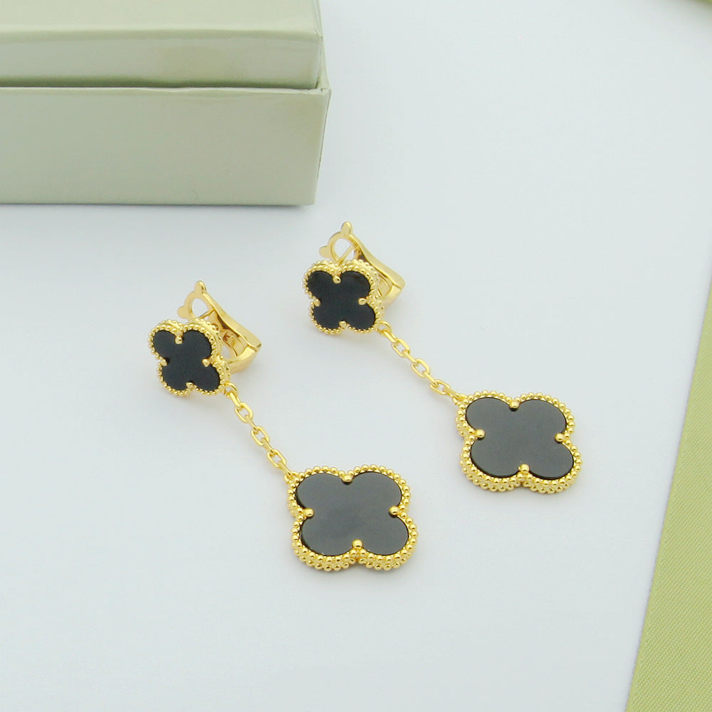 EMKOSUNG 18K Gold  Plated 2 Flowers Four Leaf Clover Earrings for Women
