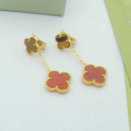 EMKOSUNG 18K Gold  Plated 2 Flowers Four Leaf Clover Earrings for Women