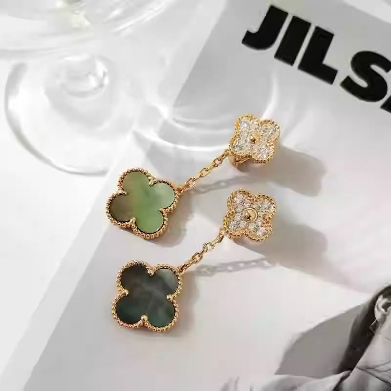 EMKOSUNG 18K Gold  Plated 2 Flowers Four Leaf Clover Earrings for Women